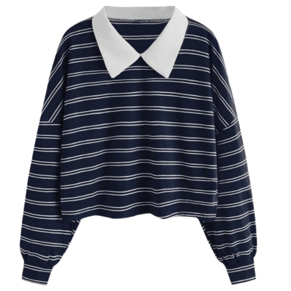 SweatyRocks Womans Oversized Cropped Black & White Stripe Collared Top Size S